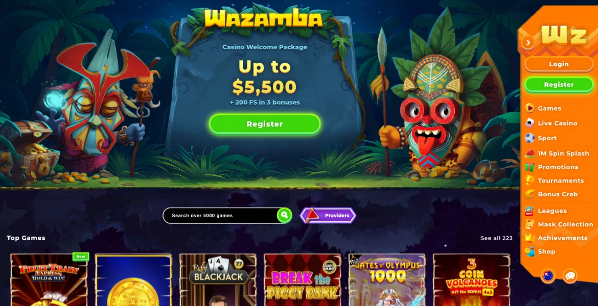Wazamba casino main page
