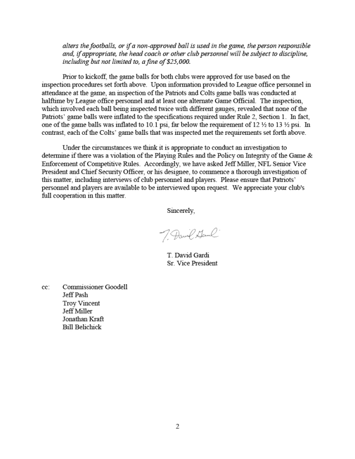 NFL Letter to the Patriots